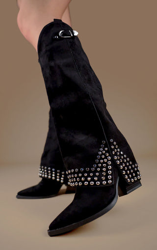 Black Faux Suede Buckle Knee High Studded Shark Boots