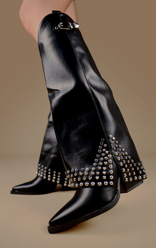 Black Faux Leather Buckle Knee High Studded Shark Boots