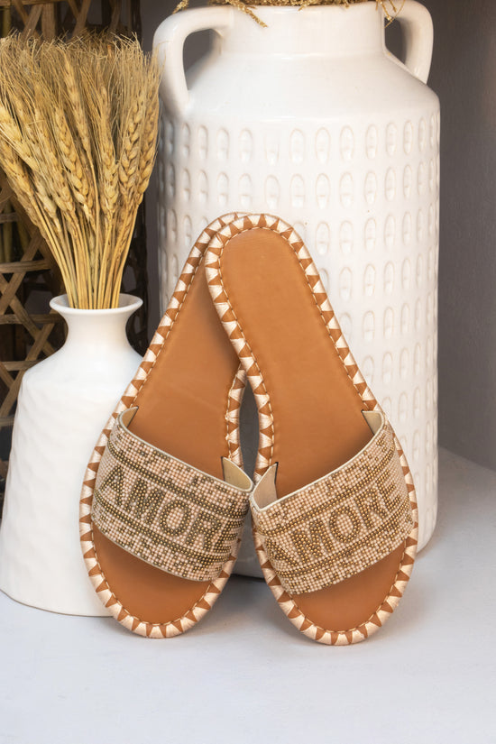 Beige Amore Beaded Flat Slider Style Sandals