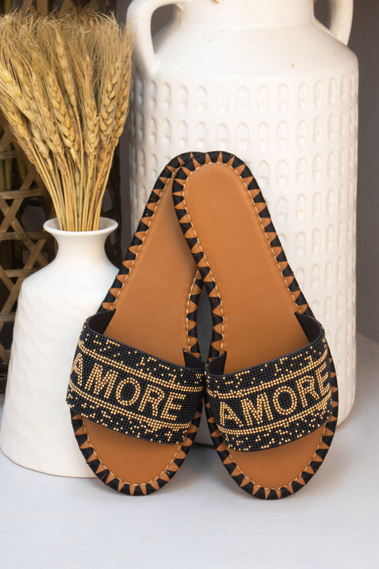 Black Amore Beaded Flat Slider Style Sandals