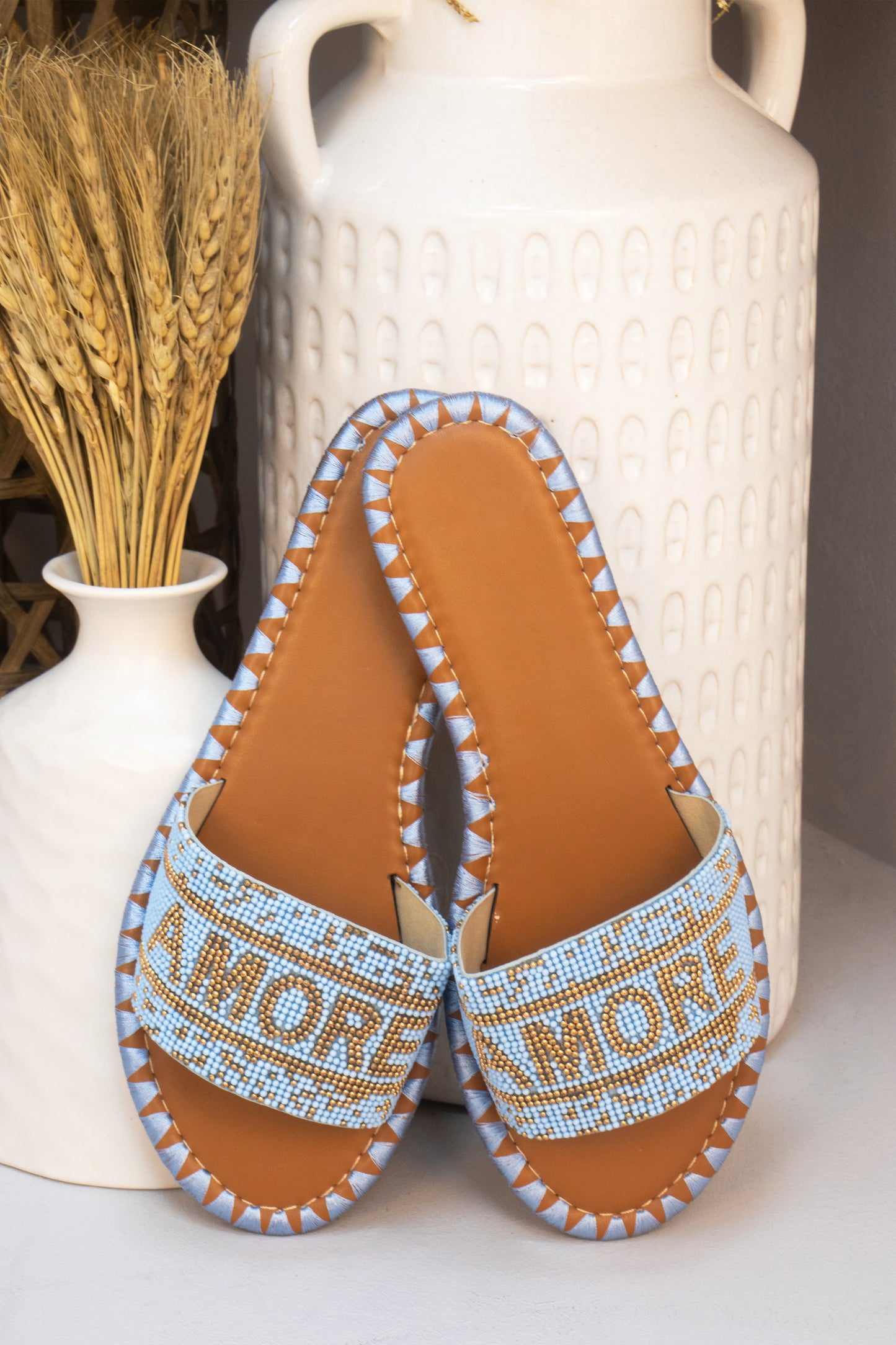 Blue Amore Beaded Flat Slider Style Sandals