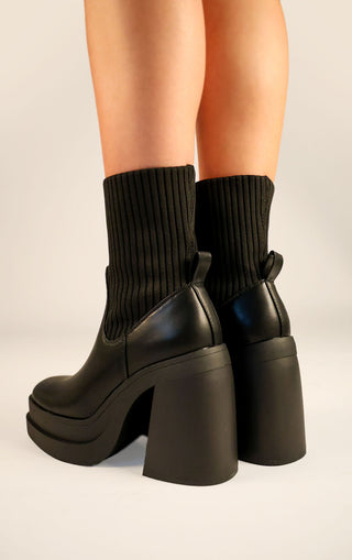 Black PU Leather Chunky Platform Block Heel Ribbed Sock Boot