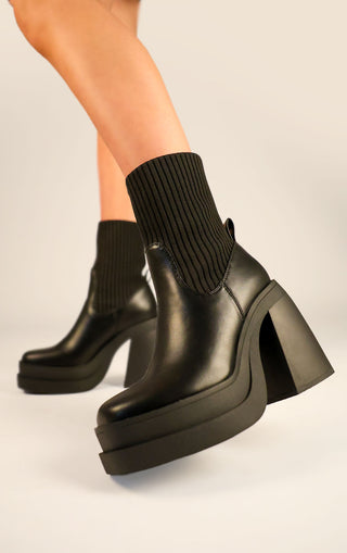 Black PU Leather Chunky Platform Block Heel Ribbed Sock Boot