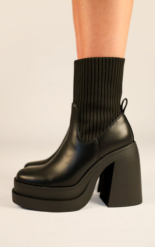 Black PU Leather Chunky Platform Block Heel Ribbed Sock Boot