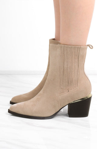 Beige Almond Toe Heeled Cowboy Silhouette Boot