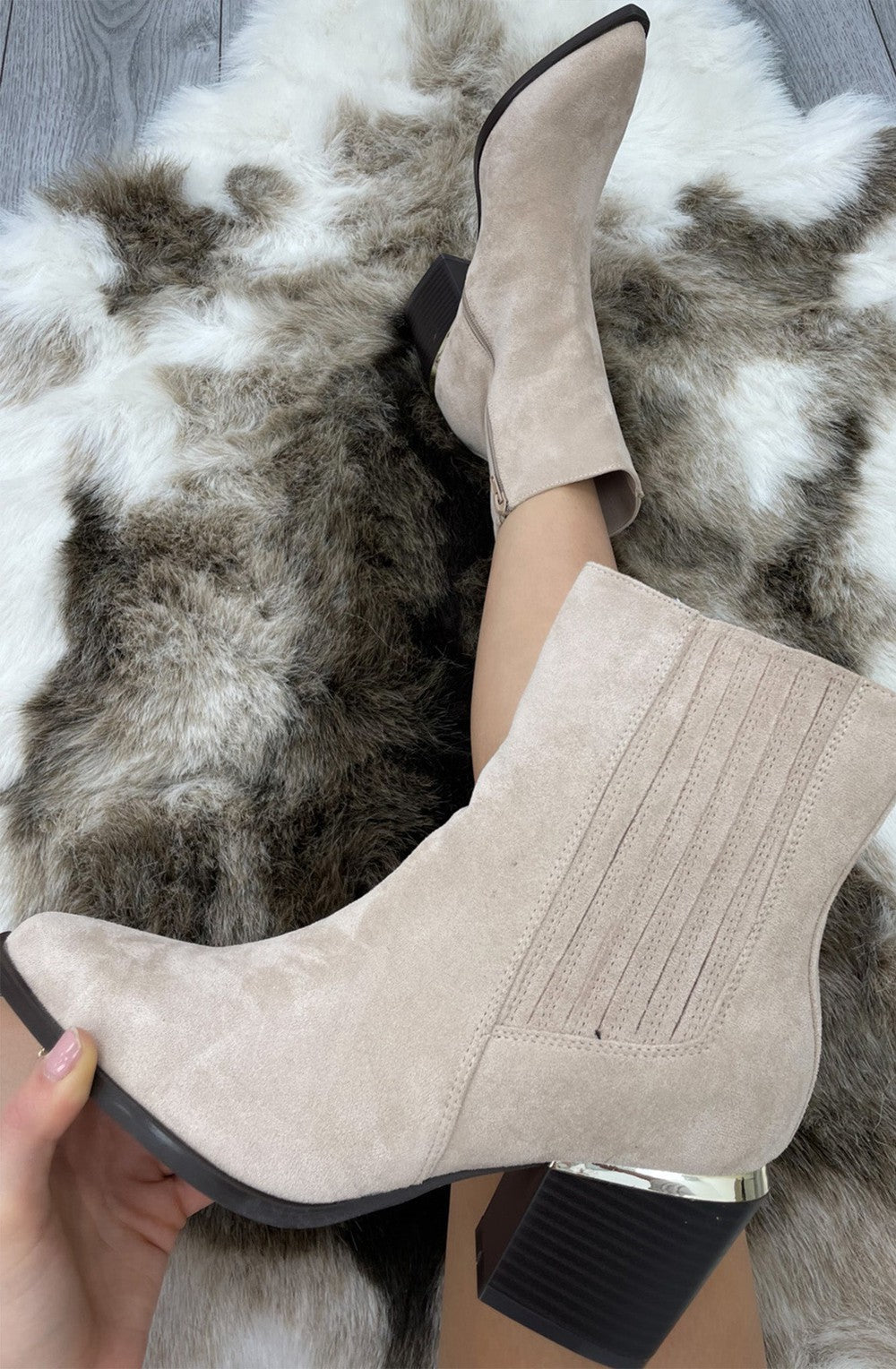 Beige Almond Toe Heeled Cowboy Silhouette Boot