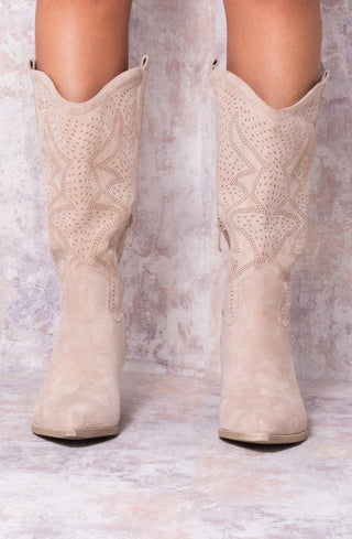 Beige Almond Toe Mid Calf Embroidered Cowboy Boot