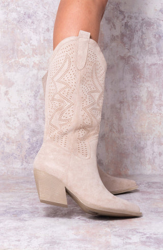 Beige Almond Toe Mid Calf Embroidered Cowboy Boot