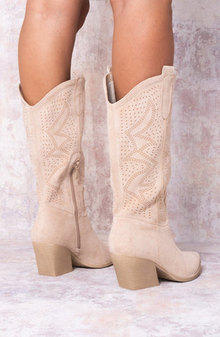 Beige Almond Toe Mid Calf Embroidered Cowboy Boot