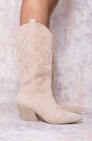 Beige Almond Toe Mid Calf Embroidered Cowboy Boot