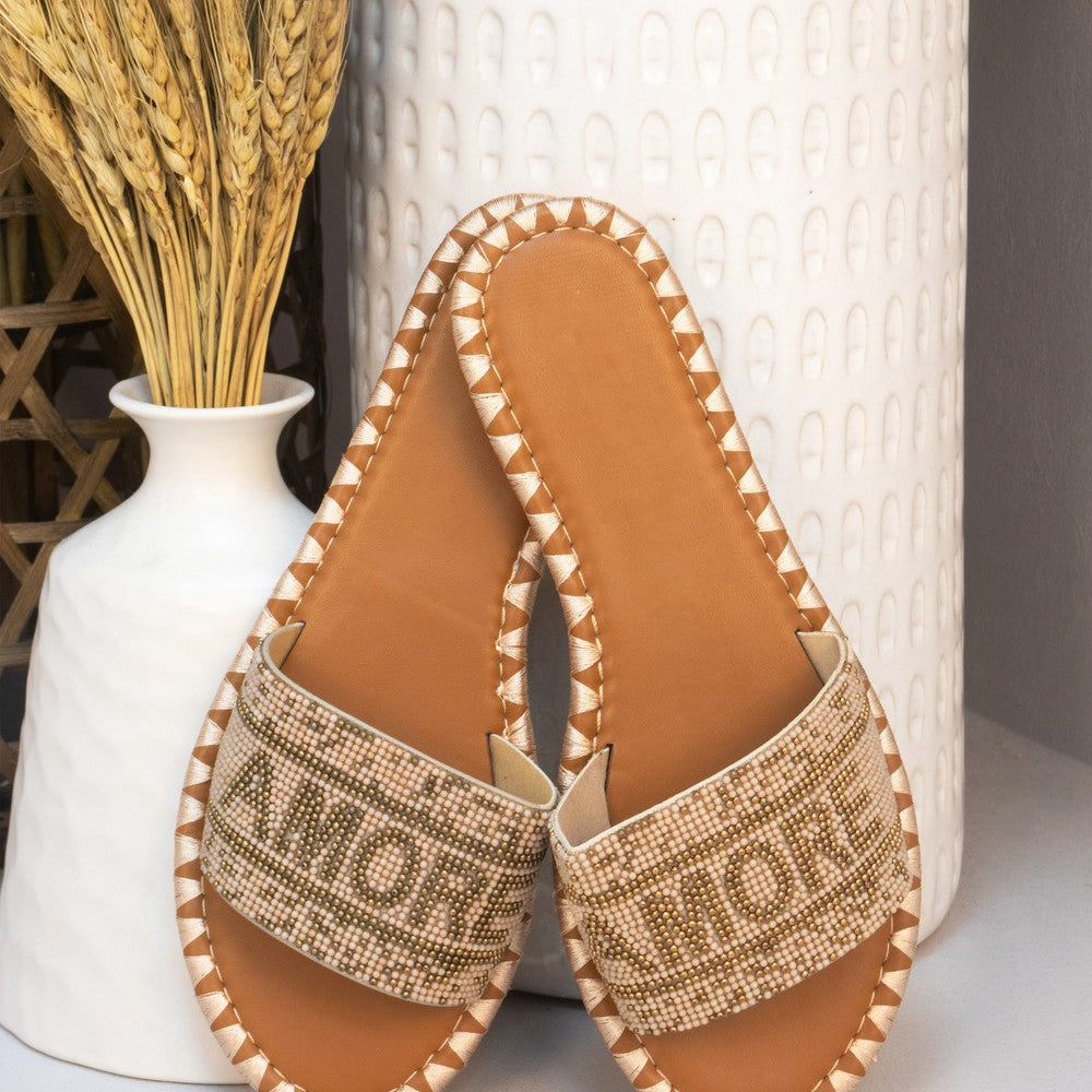 Beige Amore Beaded Flat Slider Style Sandals