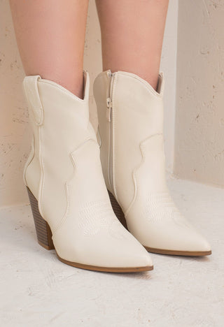 Beige Ankle PU Leather Detailed Cowboy Boots