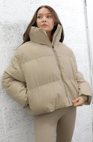 Beige Boxy Padded Puffer High Collar Coat