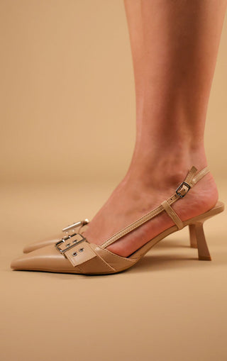 Beige Buckle Strap Kitten Heel Court Shoe