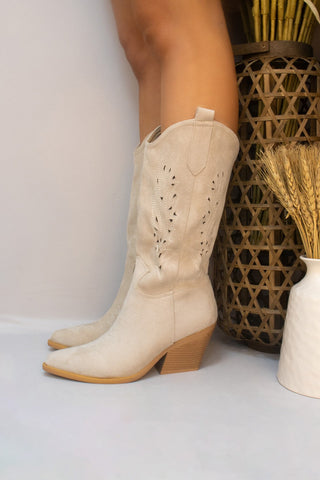 Beige Calf Length Classic Western Cut Out Cowboy Boot