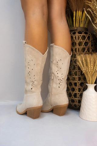 Beige Calf Length Classic Western Cut Out Cowboy Boot