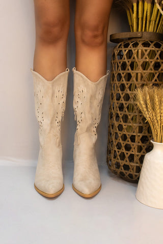 Beige Calf Length Classic Western Cut Out Cowboy Boot