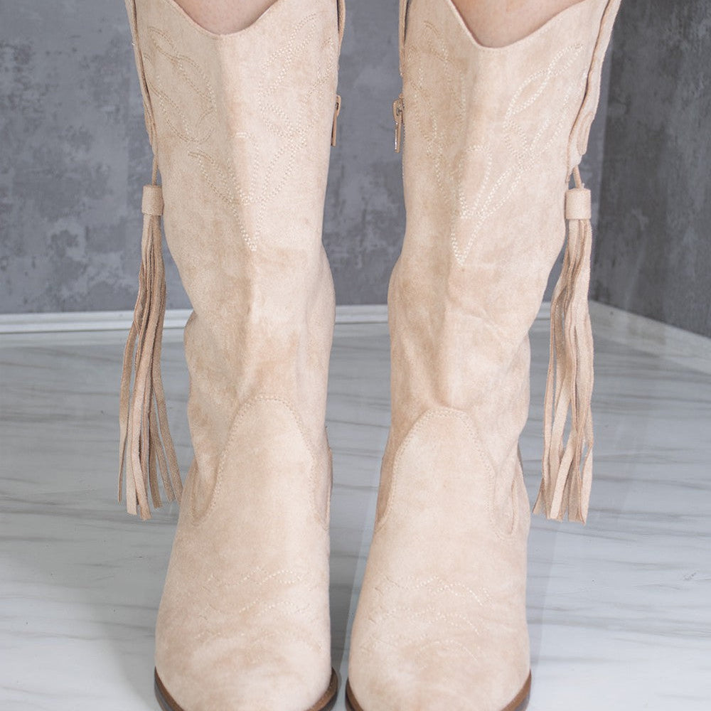 
                      
                        Beige Calf Length Faux Suede Tassel Cowboy Boot
                      
                    