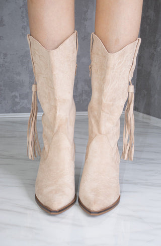 Beige Calf Length Faux Suede Tassel Cowboy Boot