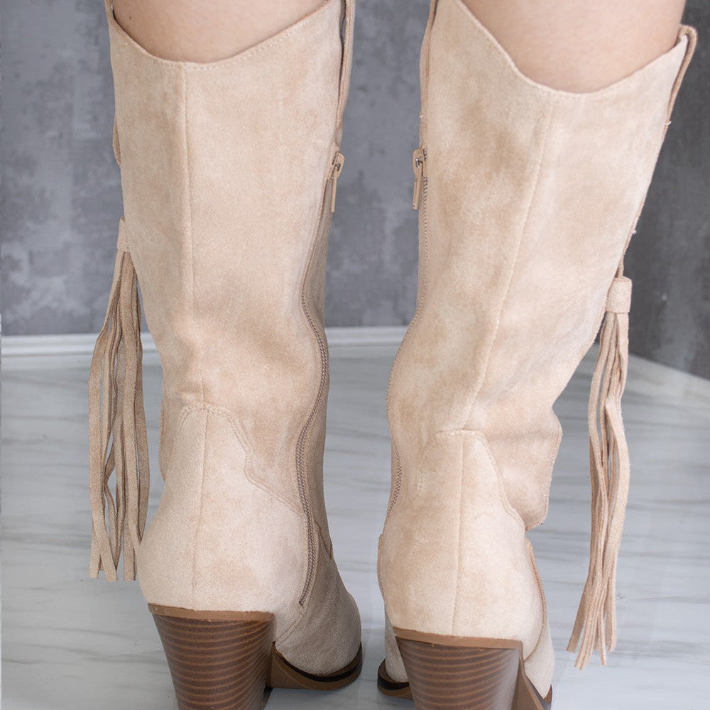 
                      
                        Beige Calf Length Faux Suede Tassel Cowboy Boot
                      
                    