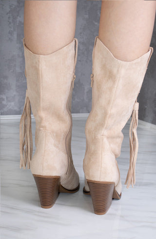 Beige Calf Length Faux Suede Tassel Cowboy Boot