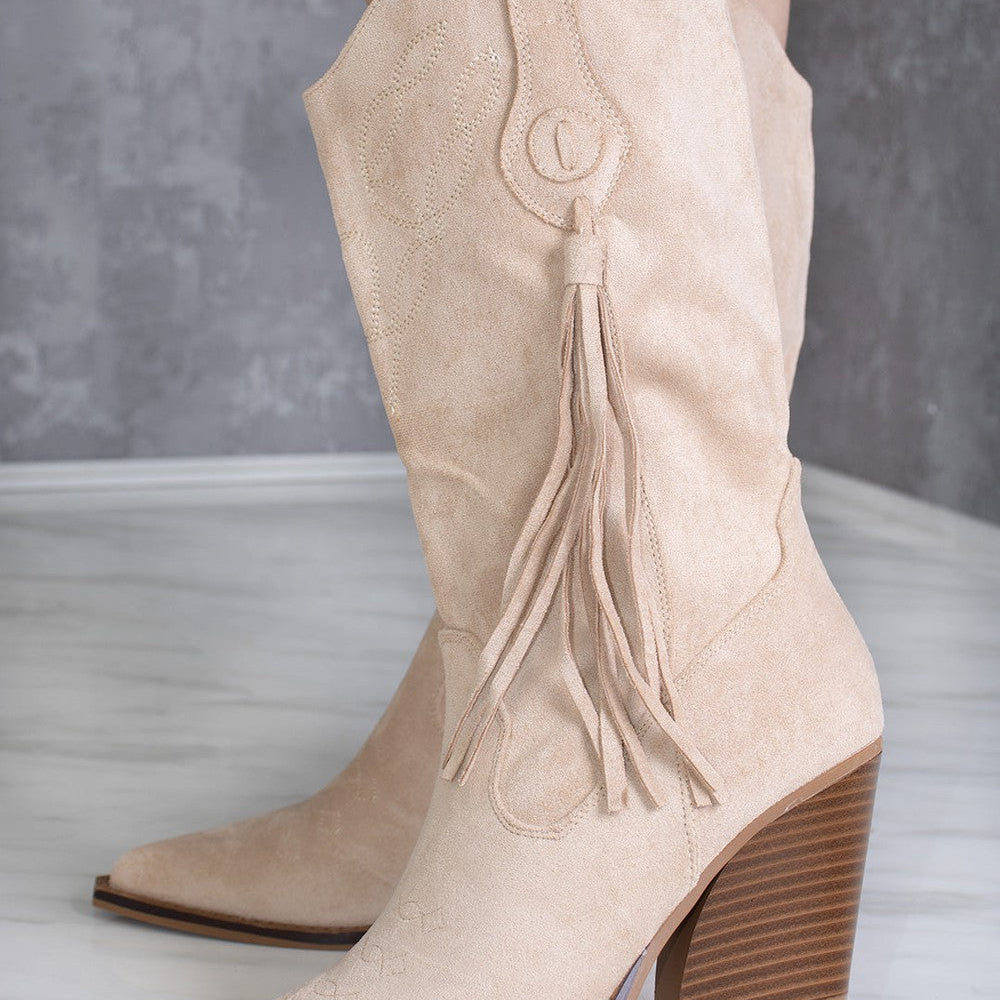 Beige Calf Length Faux Suede Tassel Cowboy Boot