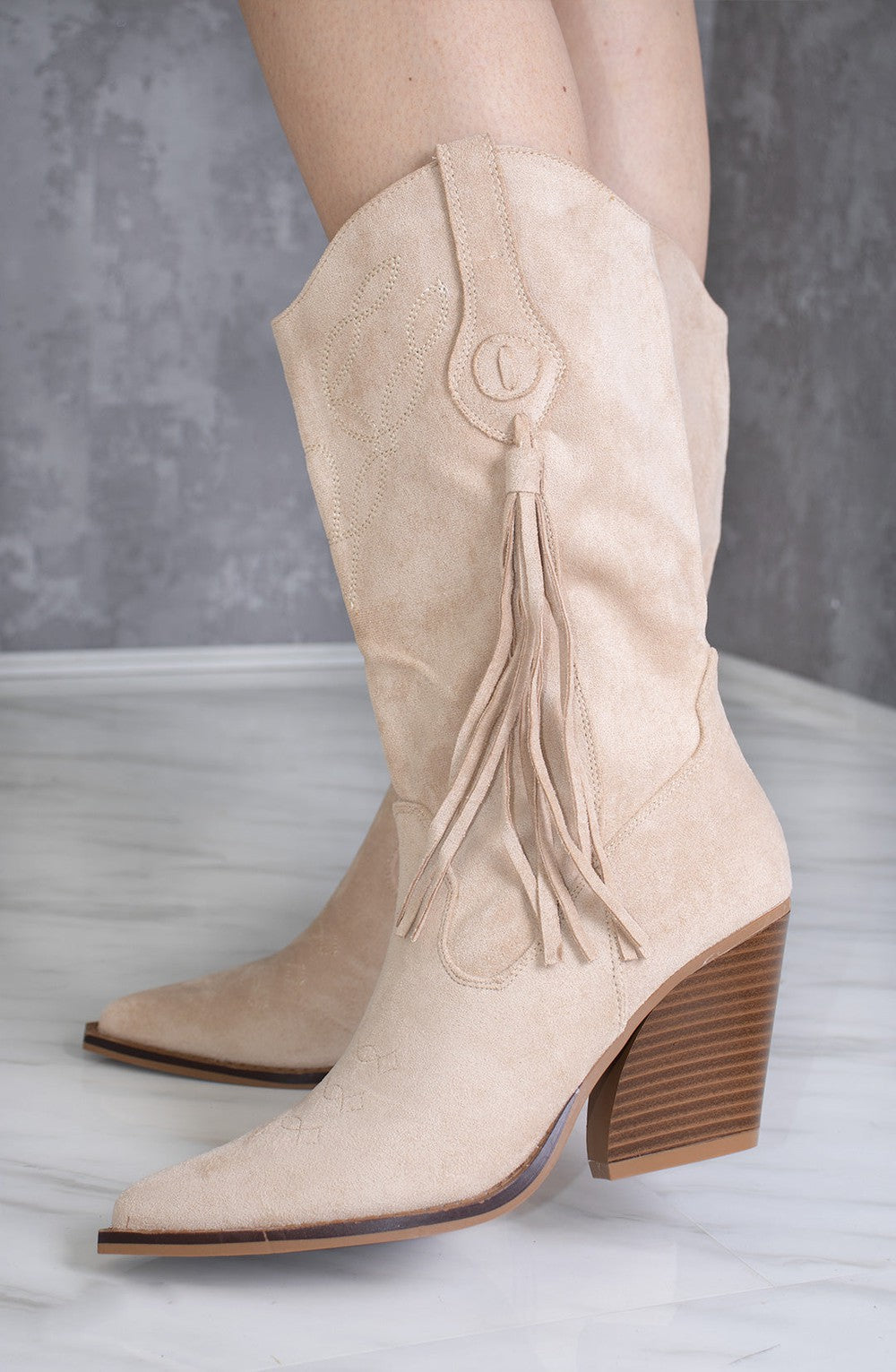 Beige Calf Length Faux Suede Tassel Cowboy Boot