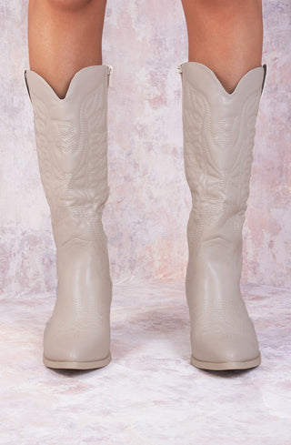 Beige Calf Length PU Cowboy Boot