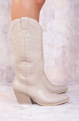 Beige Calf Length PU Cowboy Boot