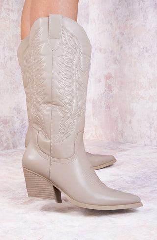 Beige Calf Length PU Cowboy Boot