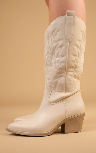 Beige Calf Length Western PU Cowboy Boots