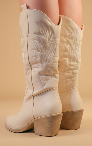 Beige Calf Length Western PU Cowboy Boots