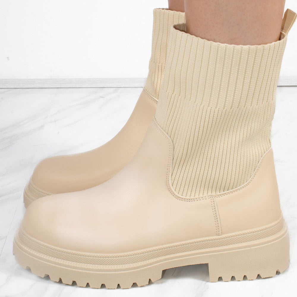 
                      
                        Beige Chunky Faux Leather Sock Boot
                      
                    