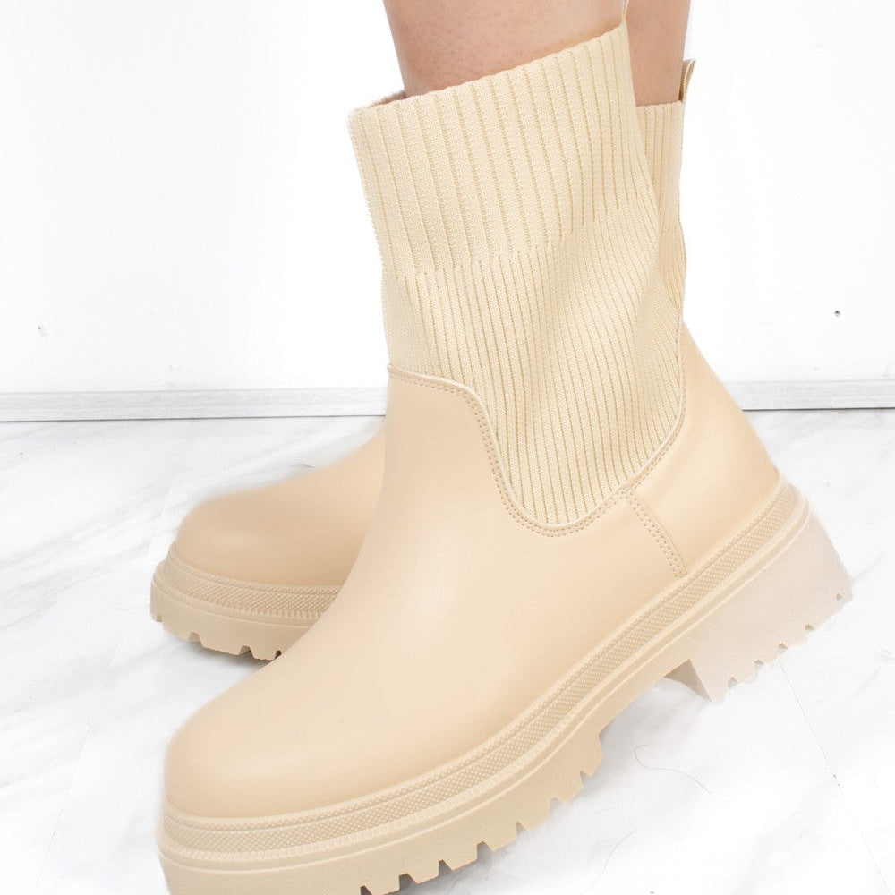 Beige Chunky Faux Leather Sock Boot