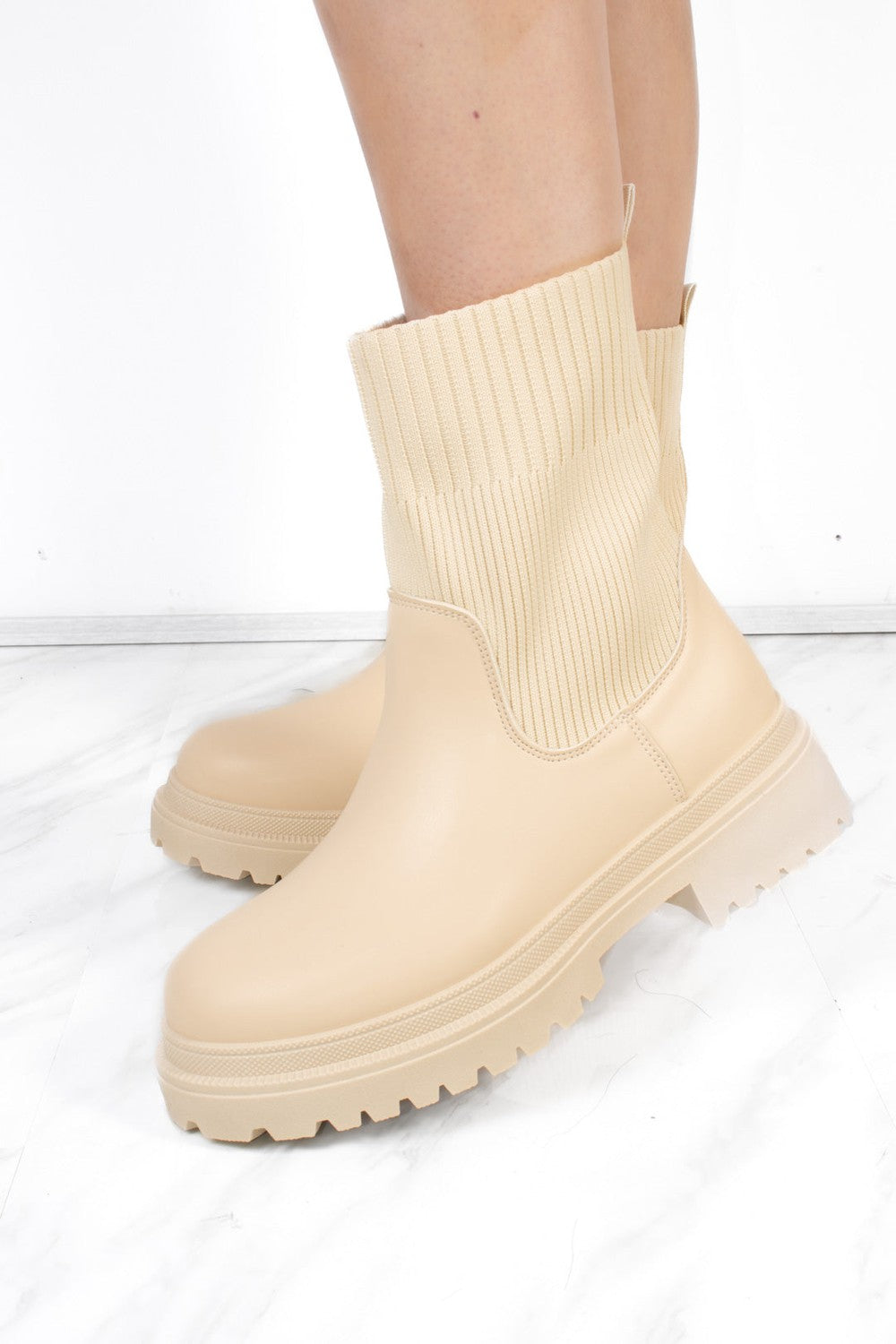 Beige Chunky Faux Leather Sock Boot