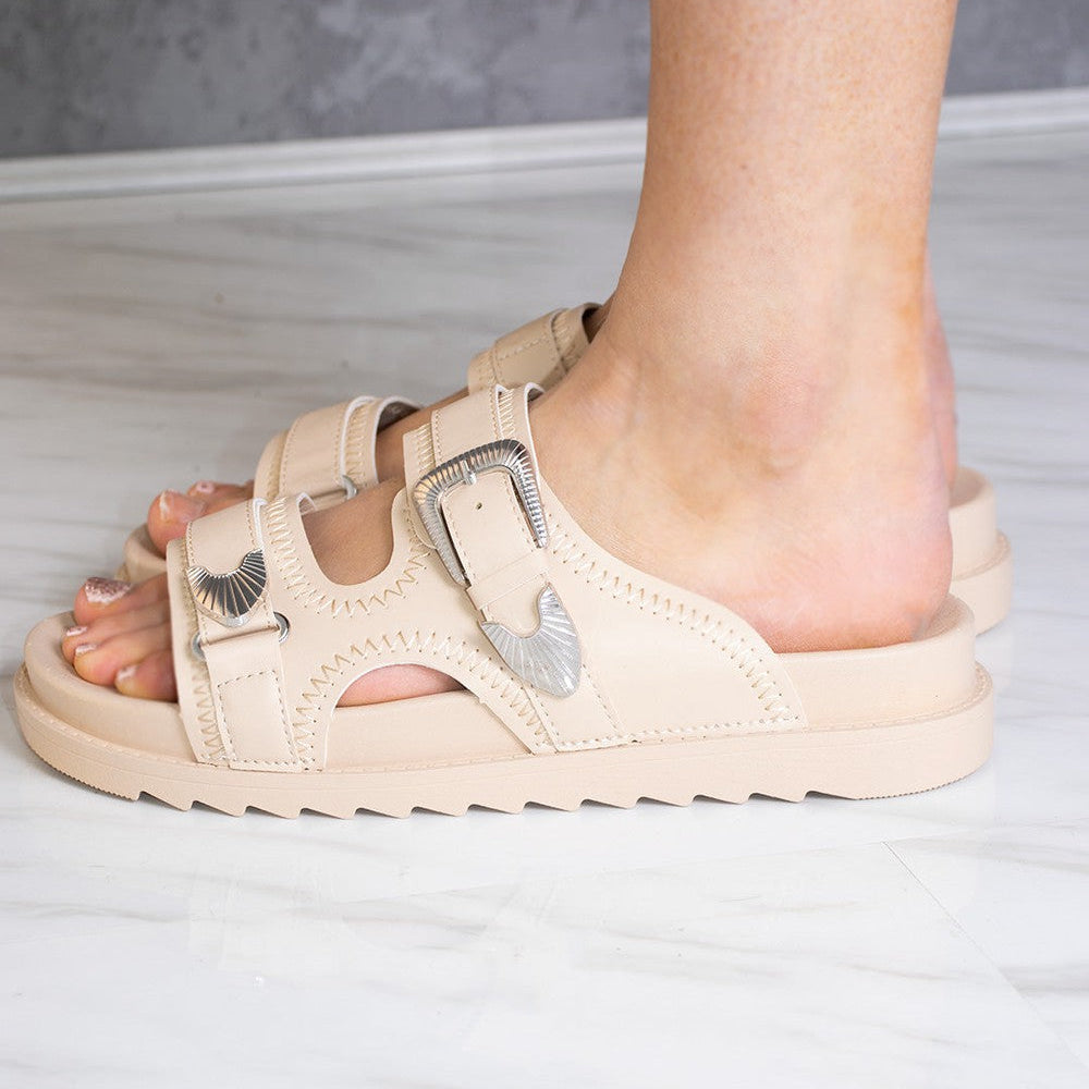 
                      
                        Beige Chunky Silver Buckle Slider Sandal
                      
                    