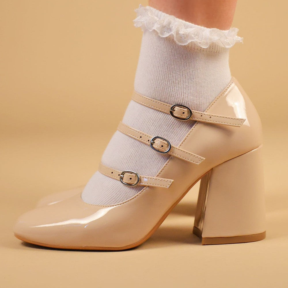 
                      
                        Beige Chunky Triple Strap Mary Jane Heels
                      
                    