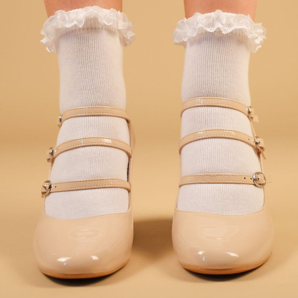 
                      
                        Beige Chunky Triple Strap Mary Jane Heels
                      
                    