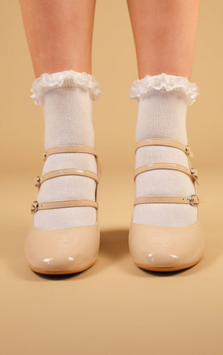 Beige Chunky Triple Strap Mary Jane Heels