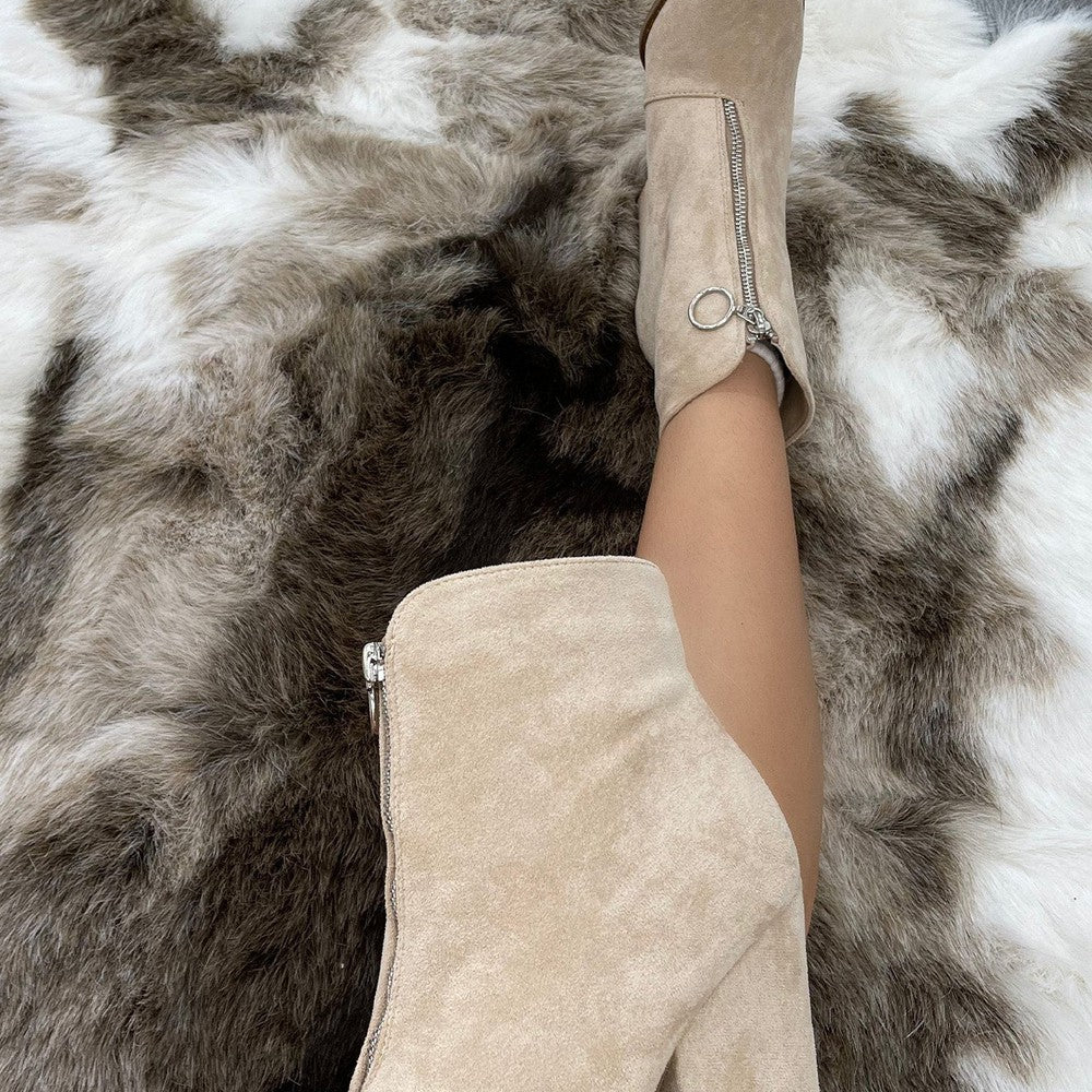 Beige Classic Zip Up Faux Suede Heeled Cowboy Boot