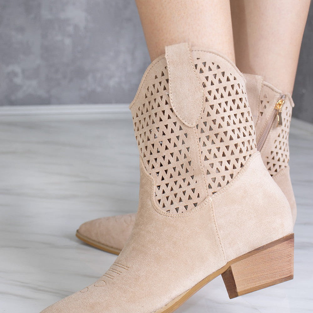 Beige Cut Out Block Heel Short Cowboy Boot