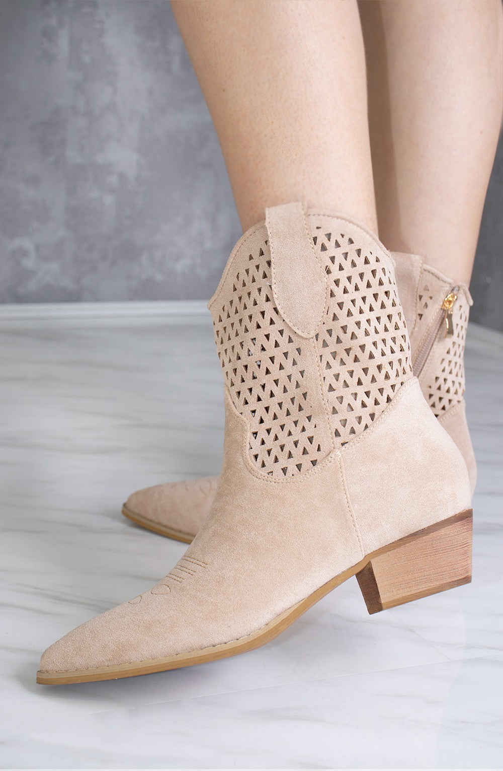 Beige Cut Out Block Heel Short Cowboy Boot