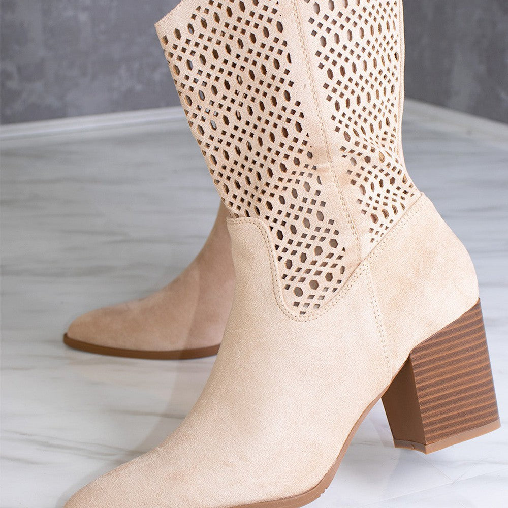 Beige Cut Out Heeled Calf Cowboy Boot