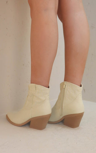 Beige Denim Cowboy Ankle Boot Embroidered Detail