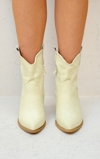 Beige Denim Embroidered Ankle Cowboy Boot