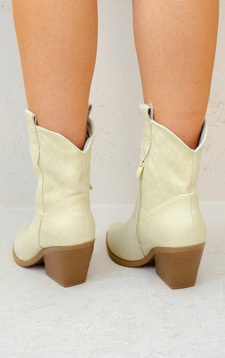 Beige Denim Embroidered Ankle Cowboy Boot