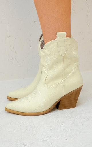 Beige Denim Embroidered Ankle Cowboy Boot