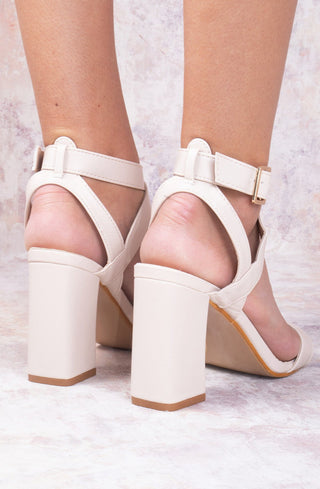 Beige Faux Leather Heeled Sandal With Cross Over Front Strap