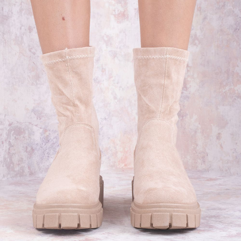 
                      
                        Beige Faux Suede Ankle Sock Boot
                      
                    