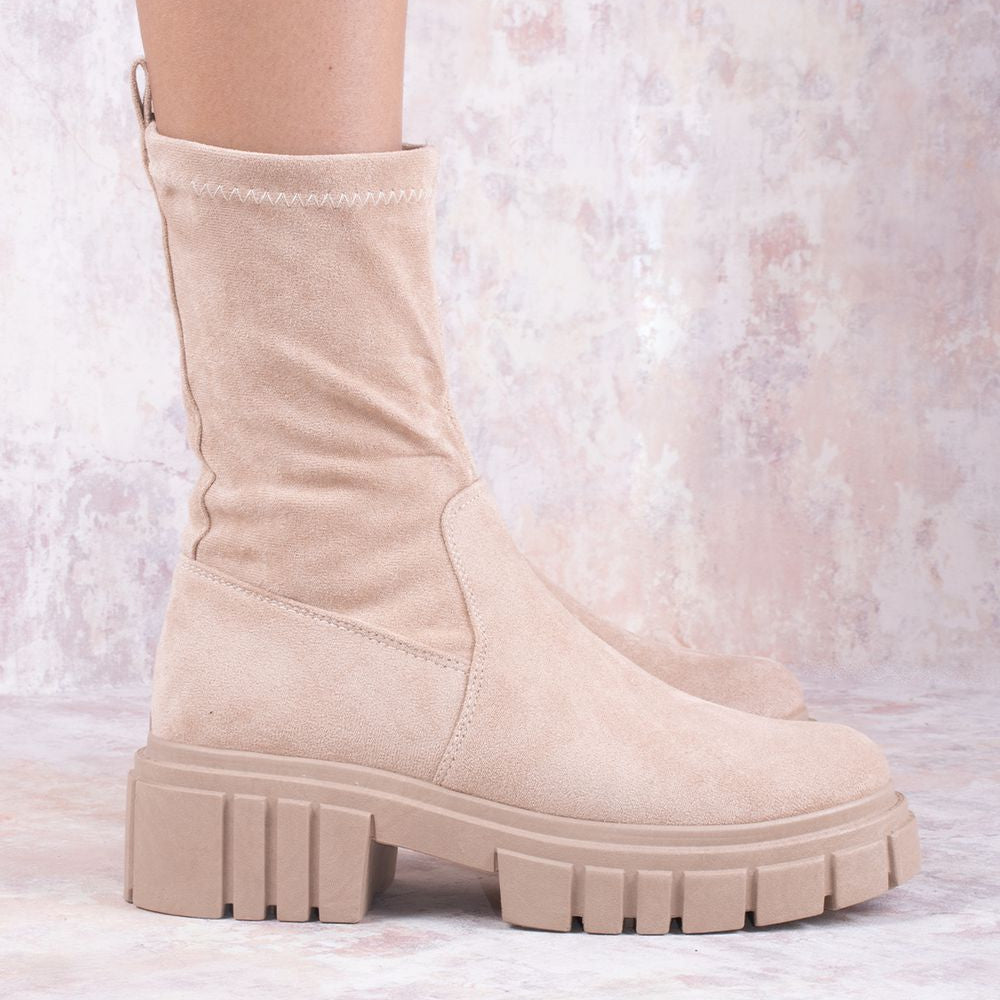 
                      
                        Beige Faux Suede Ankle Sock Boot
                      
                    